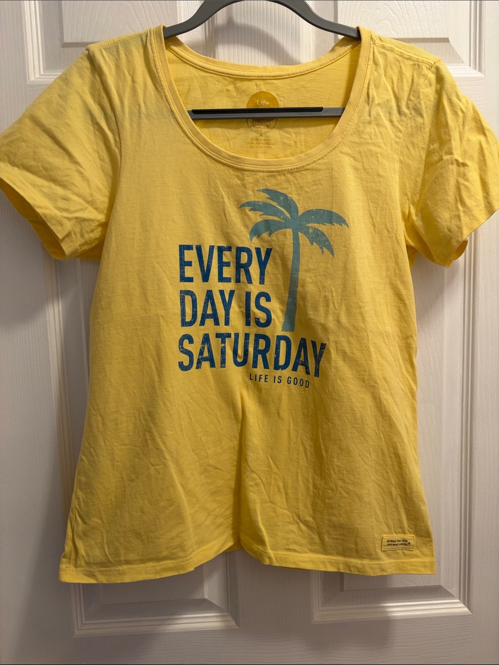 Life Is Good Yellow Tee with Blue Palm Slogan